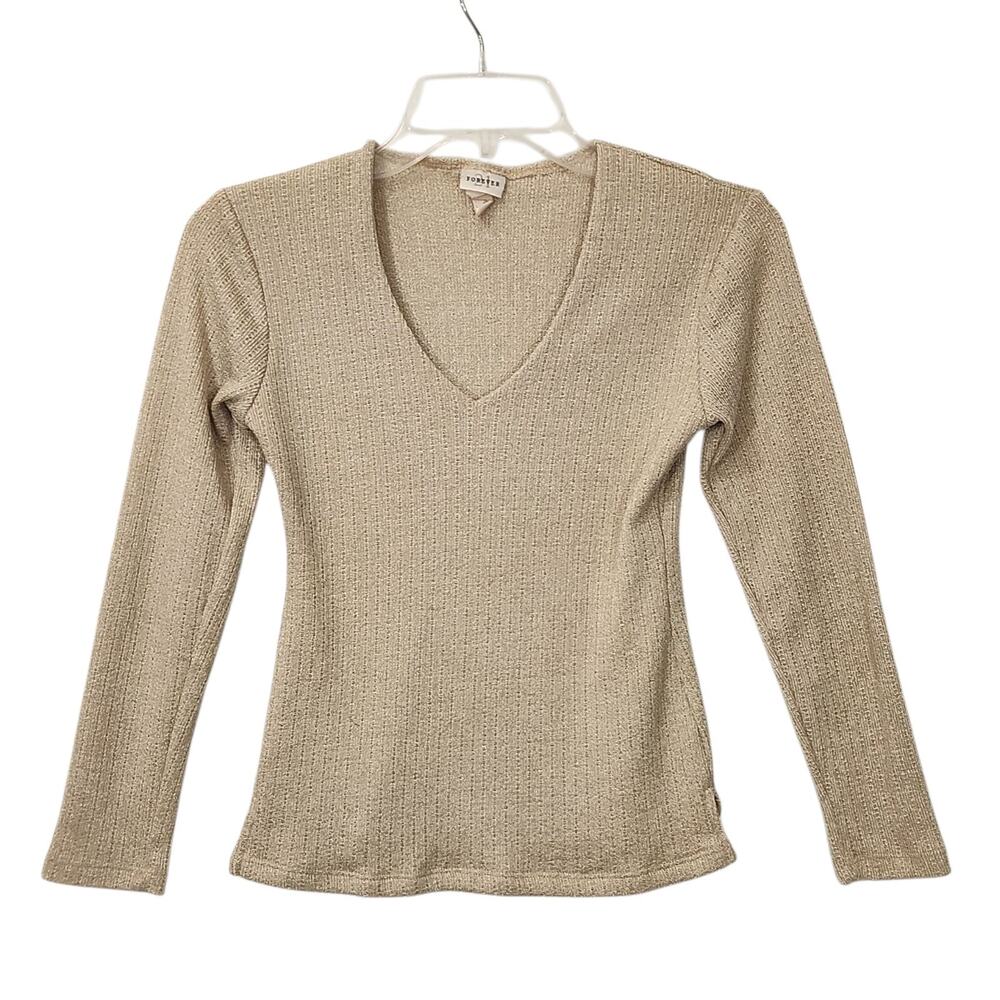 VTG FOREVER 21 SWEATER BEIGE GOLD Y2K 90s BASIC V NECK MADE USA BODY CON TIGHT L